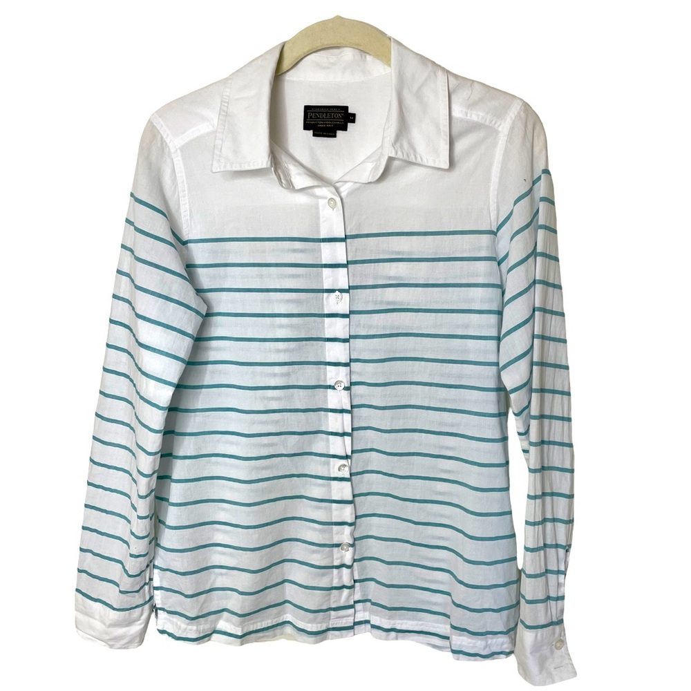 Pendleton‎ White Teal Stripe Cotton Button Down Shirt M